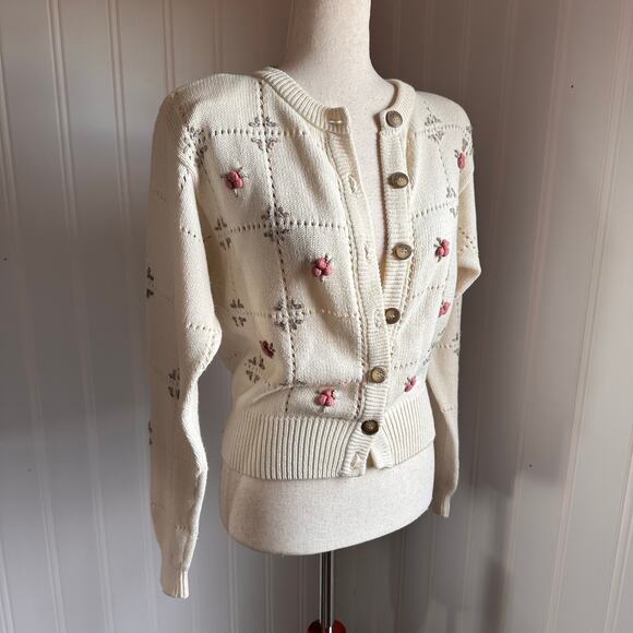 Vintage 90s Cottagecore Eyelet Floral Cardigan S - Picture 3 of 8